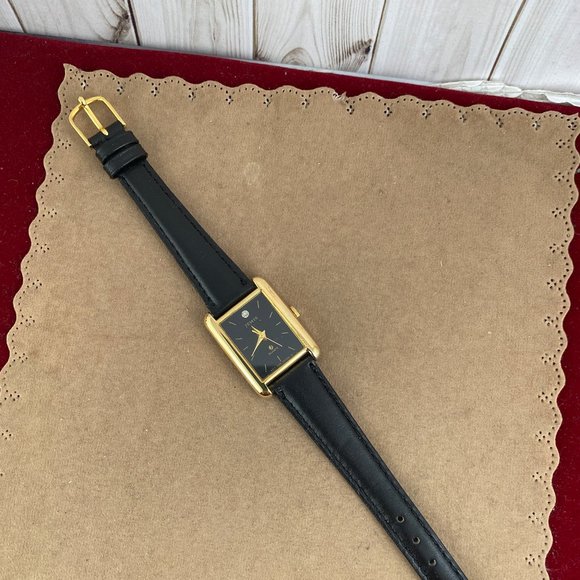 Vintage Jemis Tank Shaped Ladies Diamond Accent Black Dial Gold Plated Watch - Picture 3 of 8